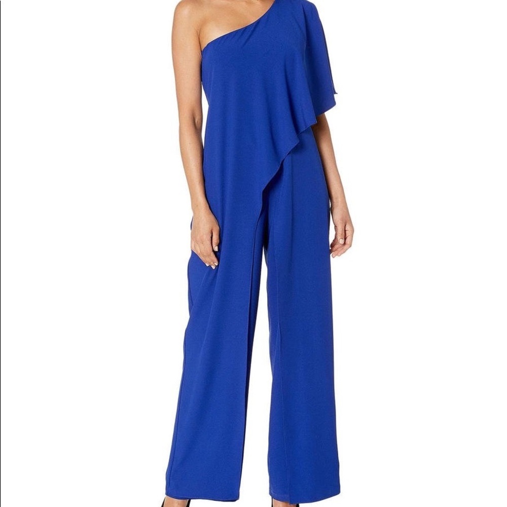 MARINA Royal blue one-shoulder drape jumpsuit
